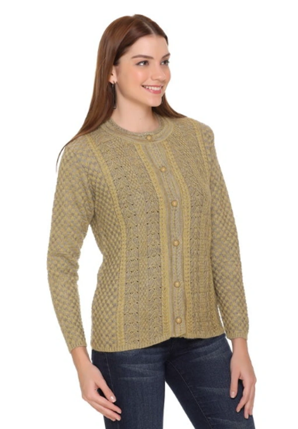 CLAPTON Women Round Neck Mustered Full Sleeve Wool Cardigan - M, Mustered, Wool, Pack of1